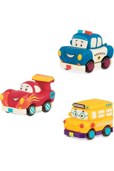B.Toys 3lü Mini Çek-Bırak Araba Seti - Okul Otobüsü/Yarış Arabası/Polis Çok Renkli