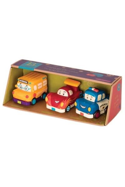 B.Toys 3lü Mini Çek-Bırak Araba Seti - Okul Otobüsü/Yarış Arabası/Polis Çok Renkli