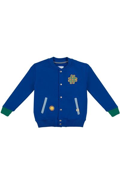 Beetlebeez / Çocuk Saks Mavi Bomber Ceket - Nakış ve Aplike Detaylı - Kontrast Renk Cep ve Manşetli Mavi