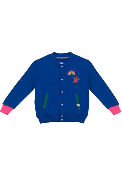 Beetlebeez / Çocuk Saks Mavi Bomber Ceket - Nakış ve Aplike Detaylı - Kontrast Renk Cep ve Manşetli MaviPembe