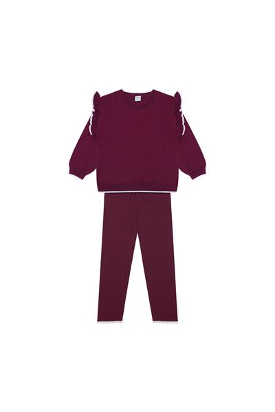 Antebies / Beyaz Fırfırlı Bordo Triko Sweatshirt Tayt Takım Bordo
