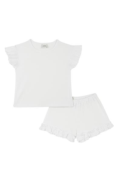 Beyaz Jakar Fırfırlı Şortlu Pijama Takımı Beyaz