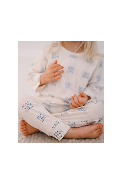 Antebies / Ekose Çiçek Uzun Kollu Tshirt Pantolon Set Krem