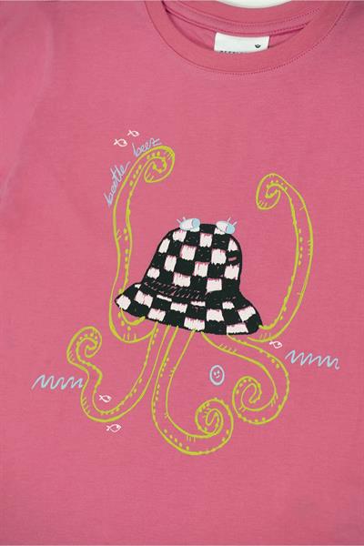 Beetlebeez / Funky Octopus Hat T-Shirt Kısa Kollu Baskılı Çocuk T-Shirt Pembe
