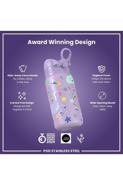 ION8 - Paslanmaz Çelik Çocuk Suluk - Mor Unicorn - 400 ml - Sızdırmaz Çok Renkli