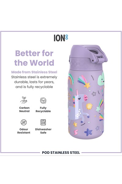 ION8 - Paslanmaz Çelik Çocuk Suluk - Mor Unicorn - 400 ml - Sızdırmaz Çok Renkli