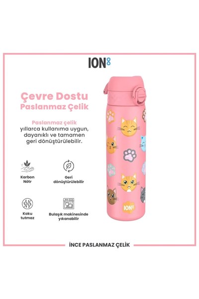 ION8 - Paslanmaz Çelik İnce Suluk - Kediler - 600 ml - Sızdırmaz Çok Renkli