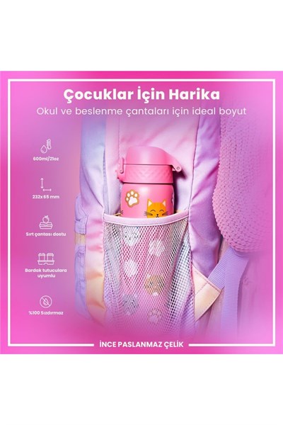 ION8 - Paslanmaz Çelik İnce Suluk - Kediler - 600 ml - Sızdırmaz Çok Renkli