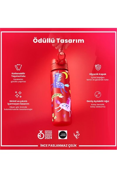 ION8 - Paslanmaz Çelik İnce Suluk - Kırmızı Unicorn - 600 ml - Sızdırmaz Çok Renkli