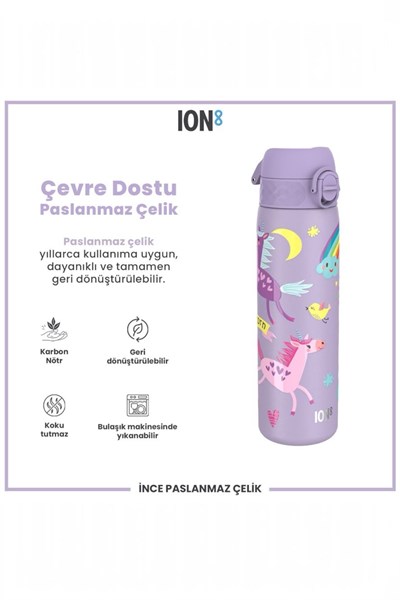 ION8 - Paslanmaz Çelik İnce Suluk - Mor Unicorn - 600 ml - Sızdırmaz Çok Renkli