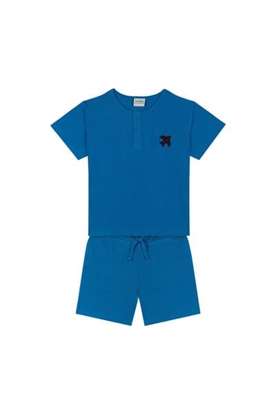 Mavi Waffle Şortlu Set Mavi