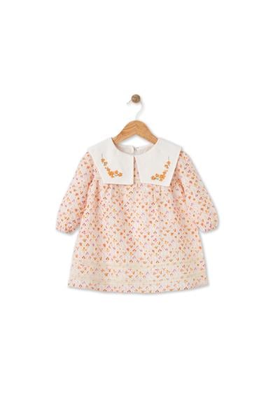 Maya Luca /Bloomy Spring Desenli Uzun Kollu Motif İşlemeli Turuncu Elbise Çok Renkli