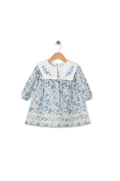 Maya Luca /Bloomy Spring Desenli Uzun Kollu Motif İşlemeli Mavi Elbise Çok Renkli