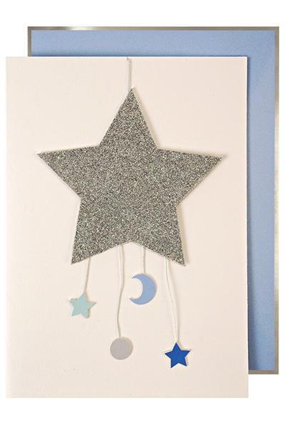 Meri Meri - Baby Star Mobile Card - Ay & Yıldız Tebrik Kartı - Mavi Çok Renkli