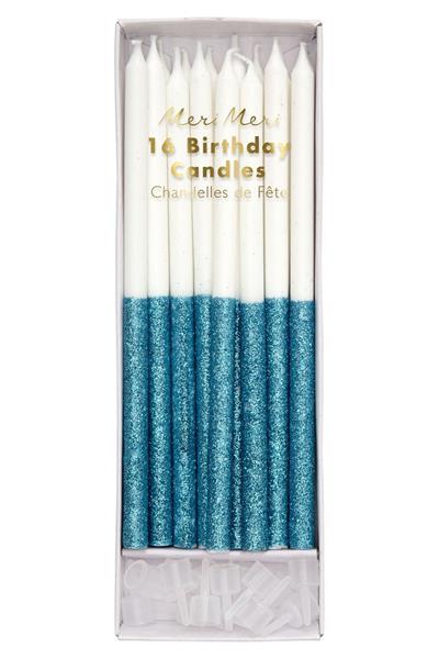 Meri Meri - Blue Glitter Dipped Candles - Mavi Simli Mumlar Çok Renkli