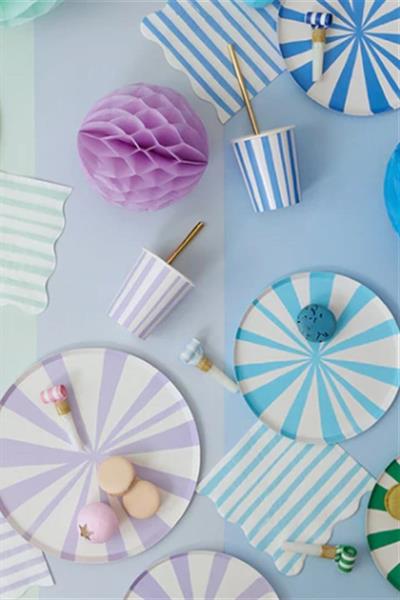 Meri Meri - Blue Stripe Plates - Mavi Çizgili Tabaklar - S - 8li Çok Renkli