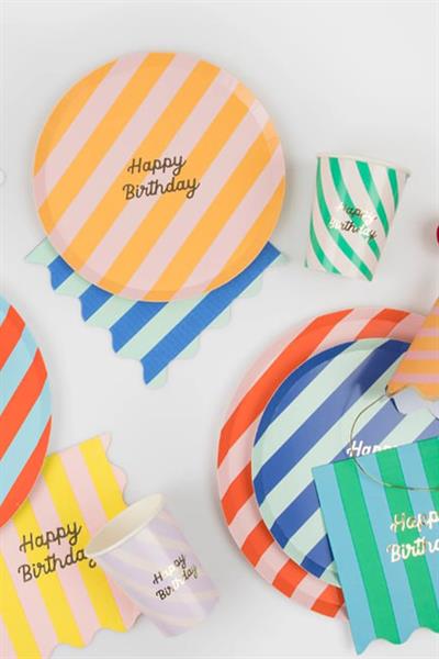 Meri Meri - Çizgili Happy Birtdhay Bardaklar - 8 Adet Çok Renkli