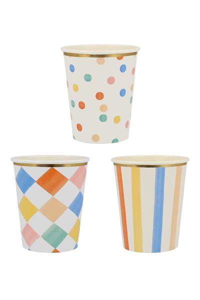 Meri Meri - Colourful Pattern Cups - Renkli Desenler Bardaklar - 8li Çok Renkli
