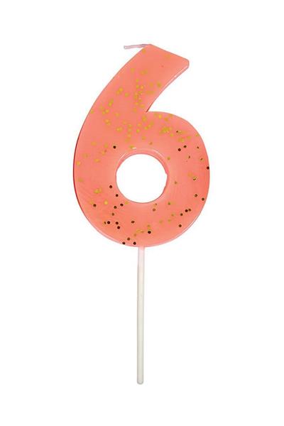 Meri Meri - Coral Number 6 Candle - 6 Numara Mercan Mum Çok Renkli