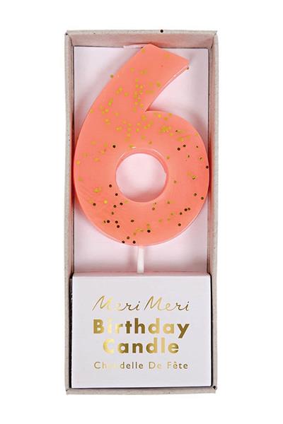 Meri Meri - Coral Number 6 Candle - 6 Numara Mercan Mum Çok Renkli