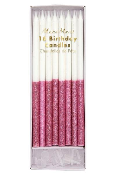 Meri Meri - Dusky Pink Glitter Dipped Candles - Koyu Pembe Simli Mumlar Çok Renkli
