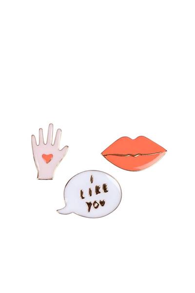 Meri Meri - Lips, Hand & Bubble Enamel Pins - Dudak & El & I Like You Broşlar Çok Renkli