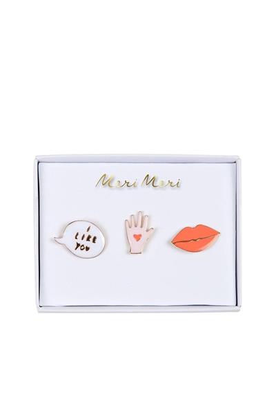 Meri Meri - Lips, Hand & Bubble Enamel Pins - Dudak & El & I Like You Broşlar Çok Renkli