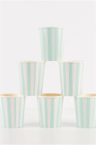 Meri Meri - Mint Stripe Cups - Mint Çizgili Bardaklar - 8li Çok Renkli