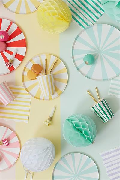 Meri Meri - Mint Stripe Plates - Mint Çizgili Tabaklar - L - 8li Çok Renkli