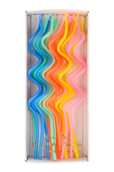 Meri Meri - Mixed Swirly Candles - Renkli Kıvrımlı Mumlar - 20li Çok Renkli