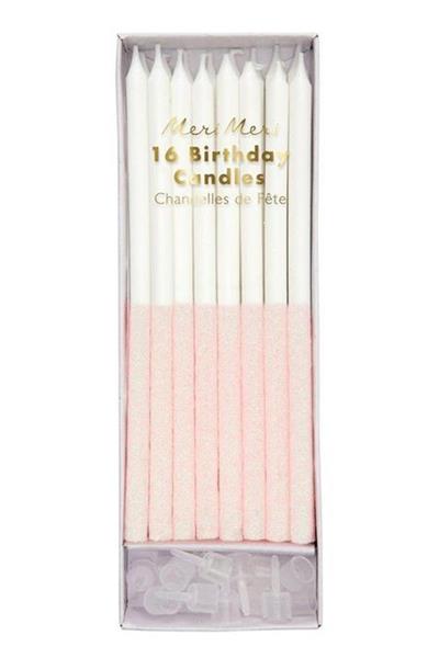 Meri Meri - Pale Pink Glitter Dipped Candles - Açık Pembe Simli Mumlar Çok Renkli