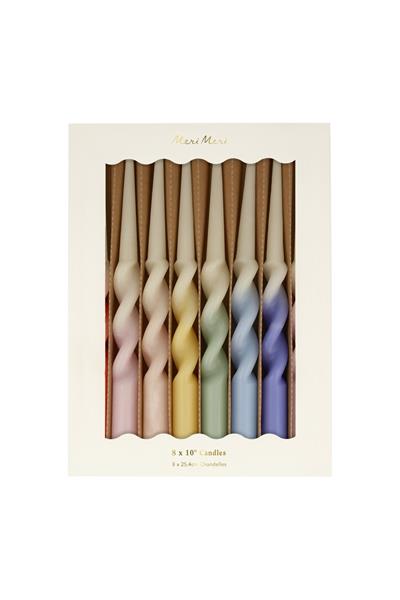 Meri Meri -  Rainbow Twisted Dipped Candles - Gökkuşağı Renkler Kıvrımlı Masa Mumları (8li) Çok Renkli