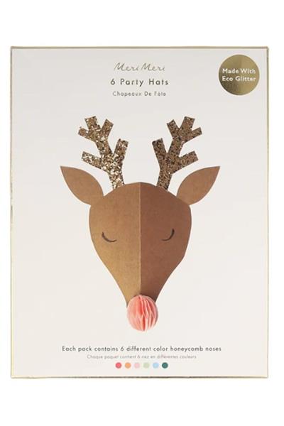 Meri Meri - Reindeer Party Hats - Ren Geyikleri Parti Şapkaları - 6lı Çok Renkli