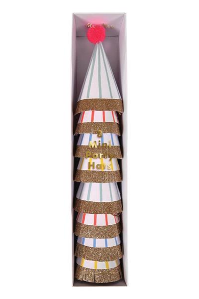Meri Meri - Stripe & Pompom Mini Party Hats - Çizgili & Ponponlu Mini Parti Şapkaları Çok Renkli