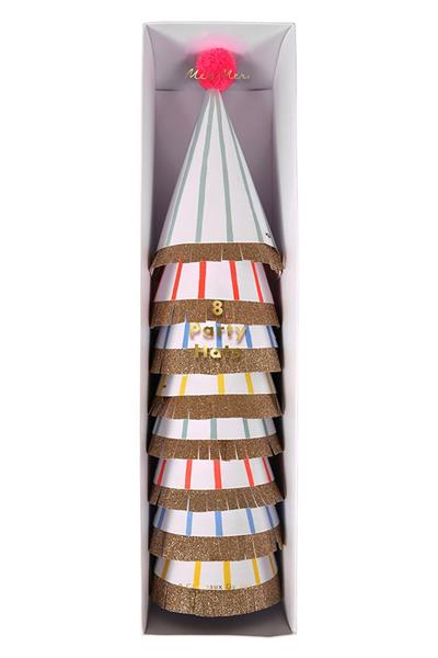 Meri Meri - Stripe & Pompom Party Hats - Çizgili & Ponponlu Parti Şapkaları - L Çok Renkli