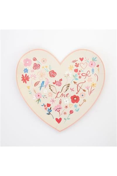 Meri Meri - Valentines Heart Die Cut Plates - Desenli Kalp Tabak - 8li Çok Renkli