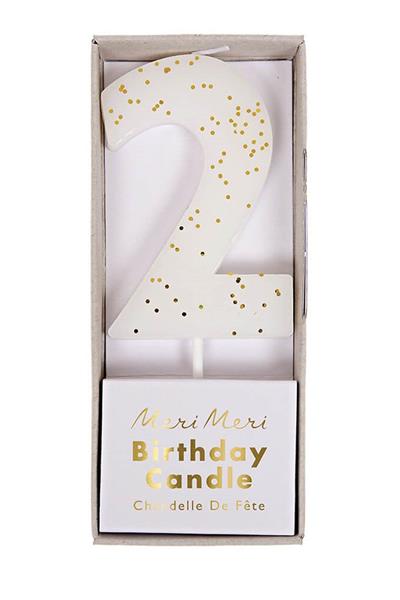 Meri Meri - White Number 2 Candle - 2 Numara Beyaz Mum Çok Renkli