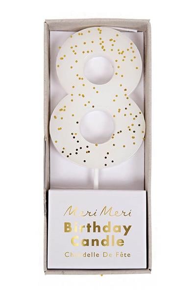 Meri Meri - White Number 8 Candle - 8 Numara Beyaz Mum Çok Renkli