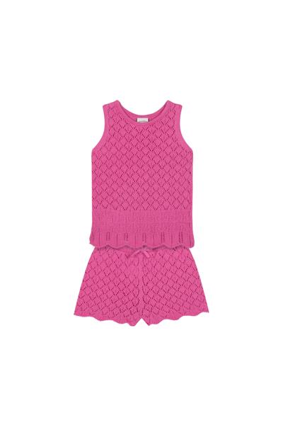 Pembe Jakarlı Triko Şortlu Set Pembe