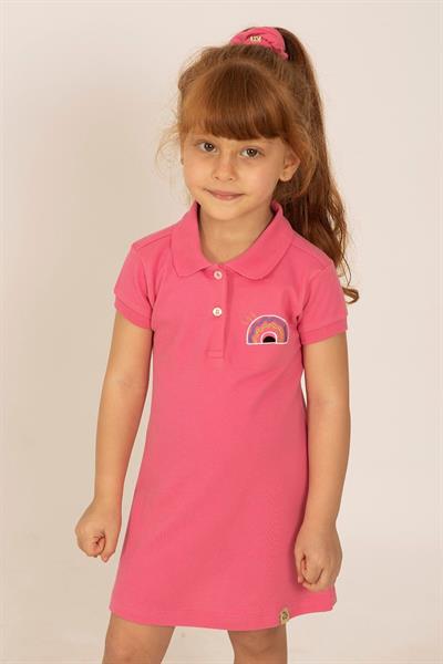 Pink Rainbow Kısa Kollu Çocuk Polo Yaka Elbise Pembe