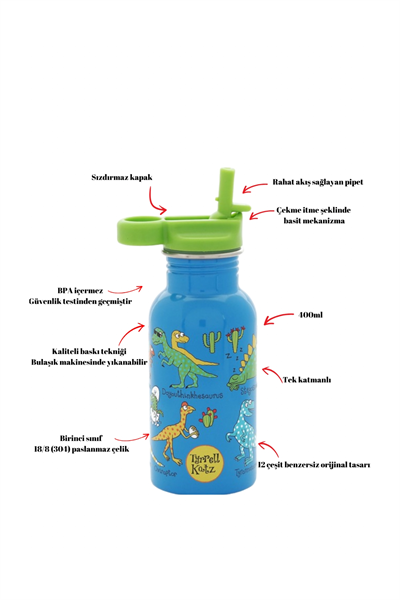 TYRRELL KATZ DINO PİPETLİ ÇELİK MATARA 400ML Çok Renkli