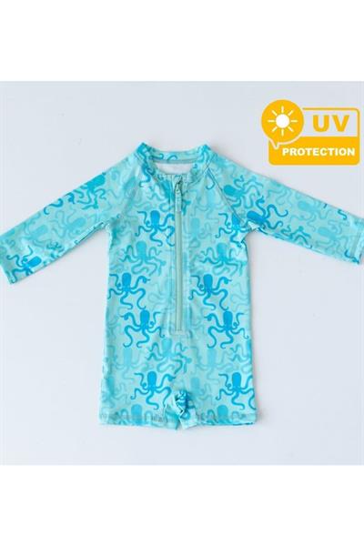 UV Korumalı Uzun Kollu Fermuarlı Erkek Çocuk Mayo Mavi