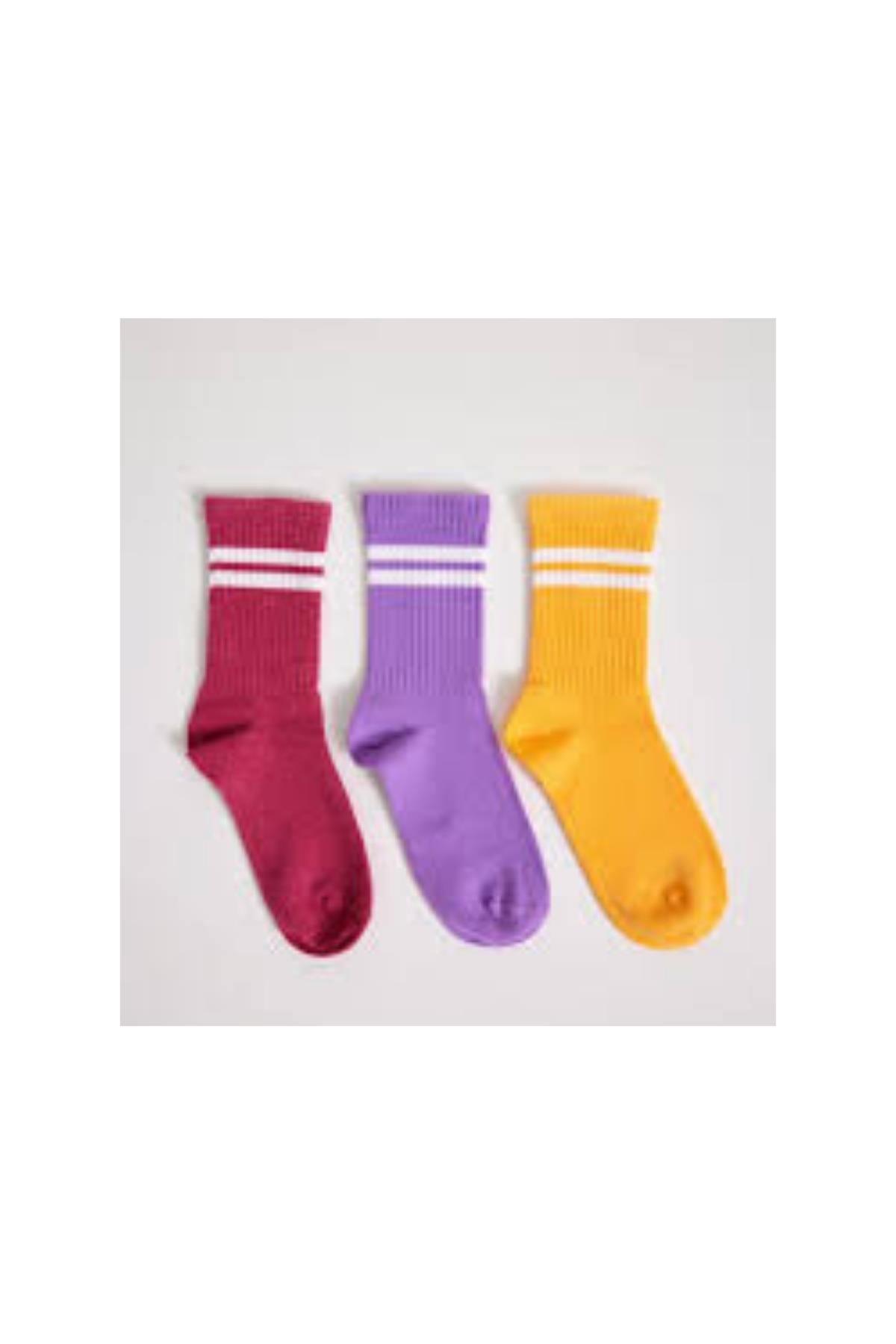 3 lü Paket Şeritli Kız Çocuk Soket Çorap LilaMix