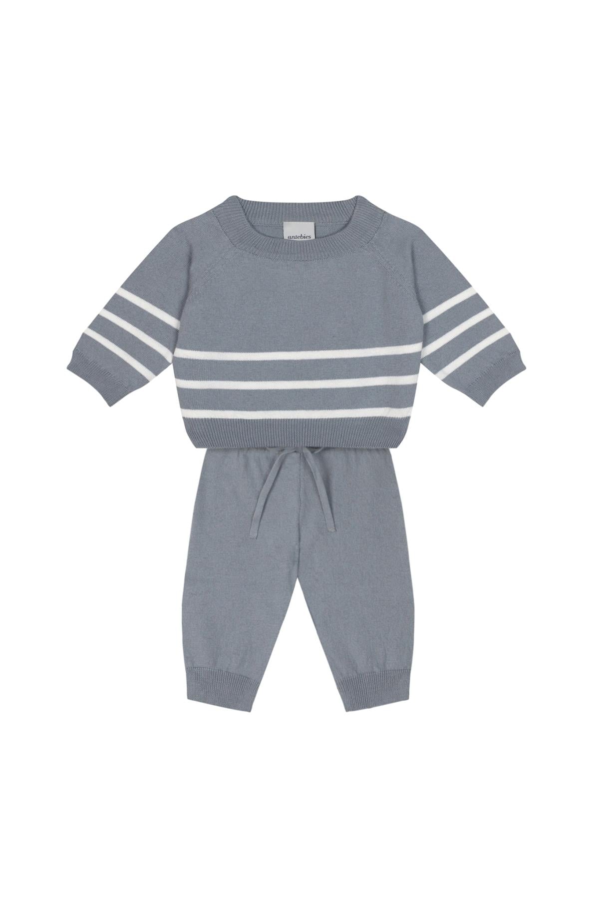 Antebies / Beyaz Çizgili Gri Triko Bebek Set Gri