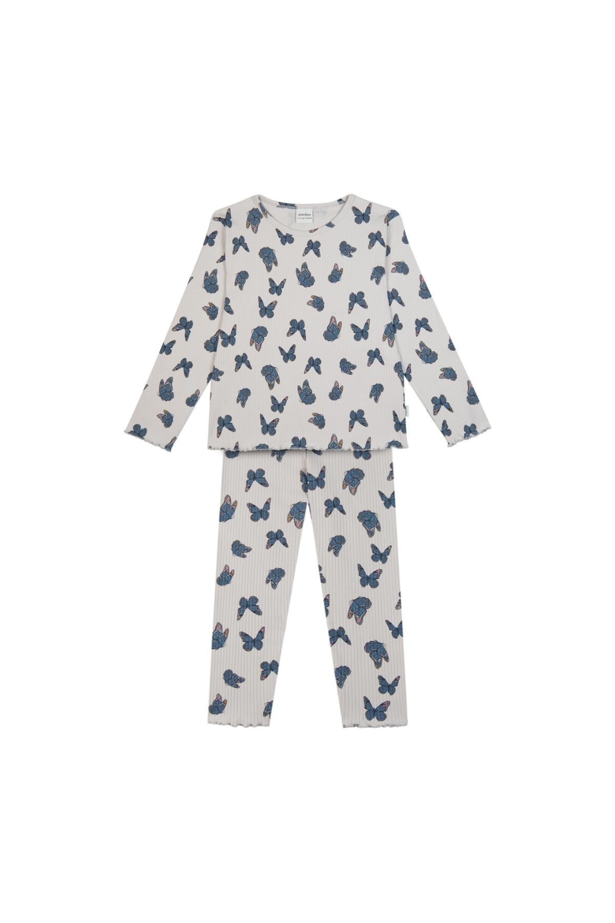 Antebies / Kelebek Desen Uzun Kollu Taytlı Pijama Takımı Mavi