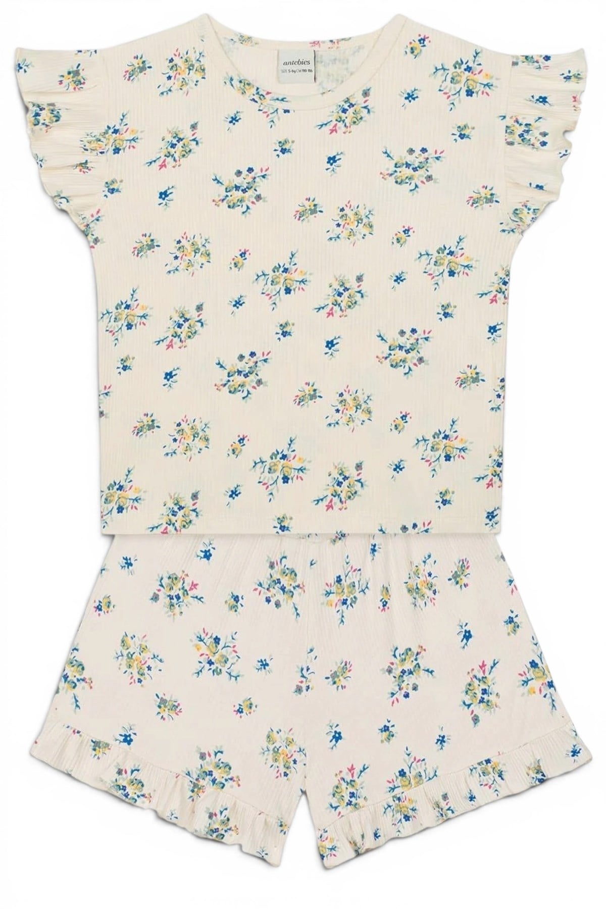 Antebies / Minik Çiçekler Kısa Kollu Tshirt Şort Pijama Takım Bej