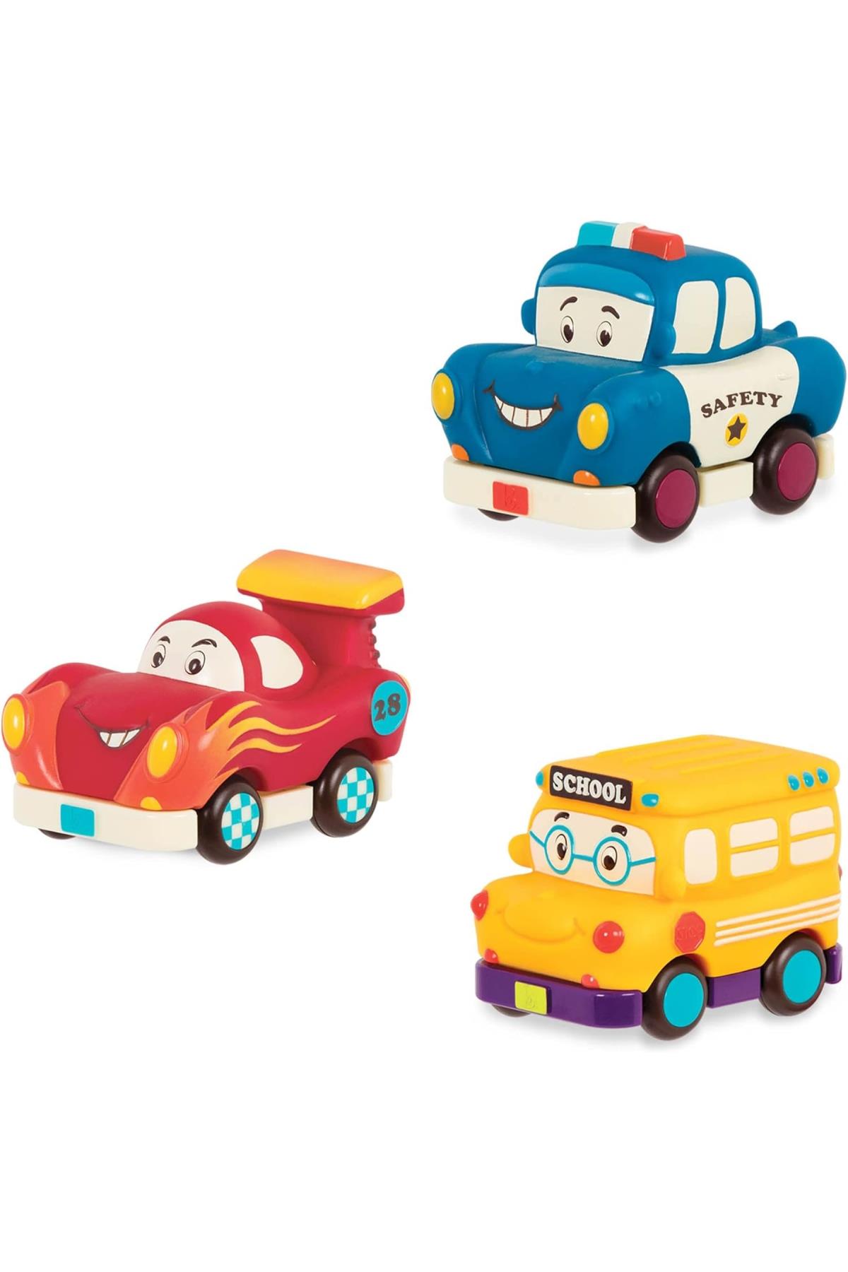 B.Toys 3'lü Mini Çek-Bırak Araba Seti - Okul Otobüsü/Yarış Arabası/Polis Çok Renkli