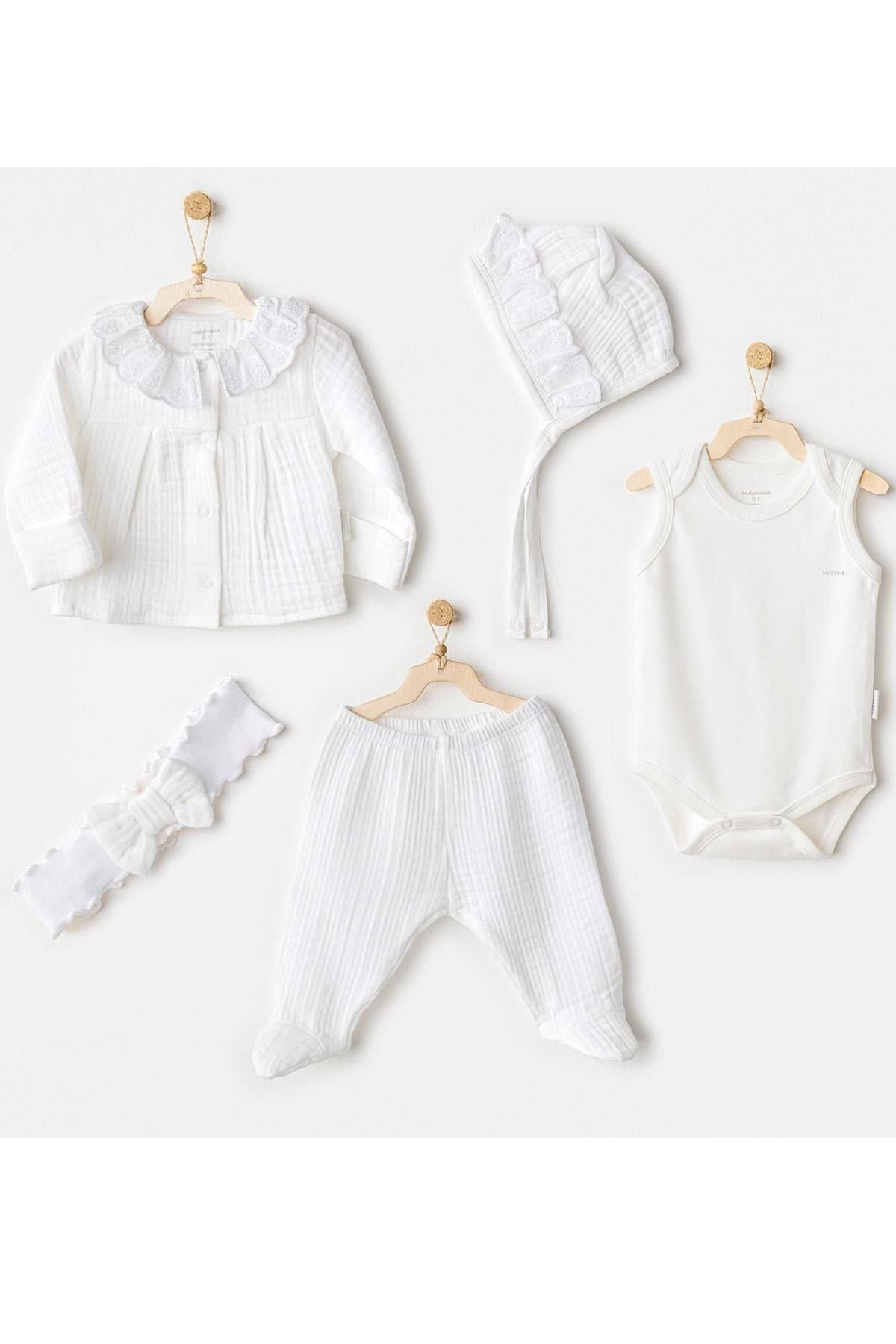 BEBEK HASTANE ÇIKIŞI 5 PCS NEWBORN SET NATURAL GIFT MUSLIN WHITE