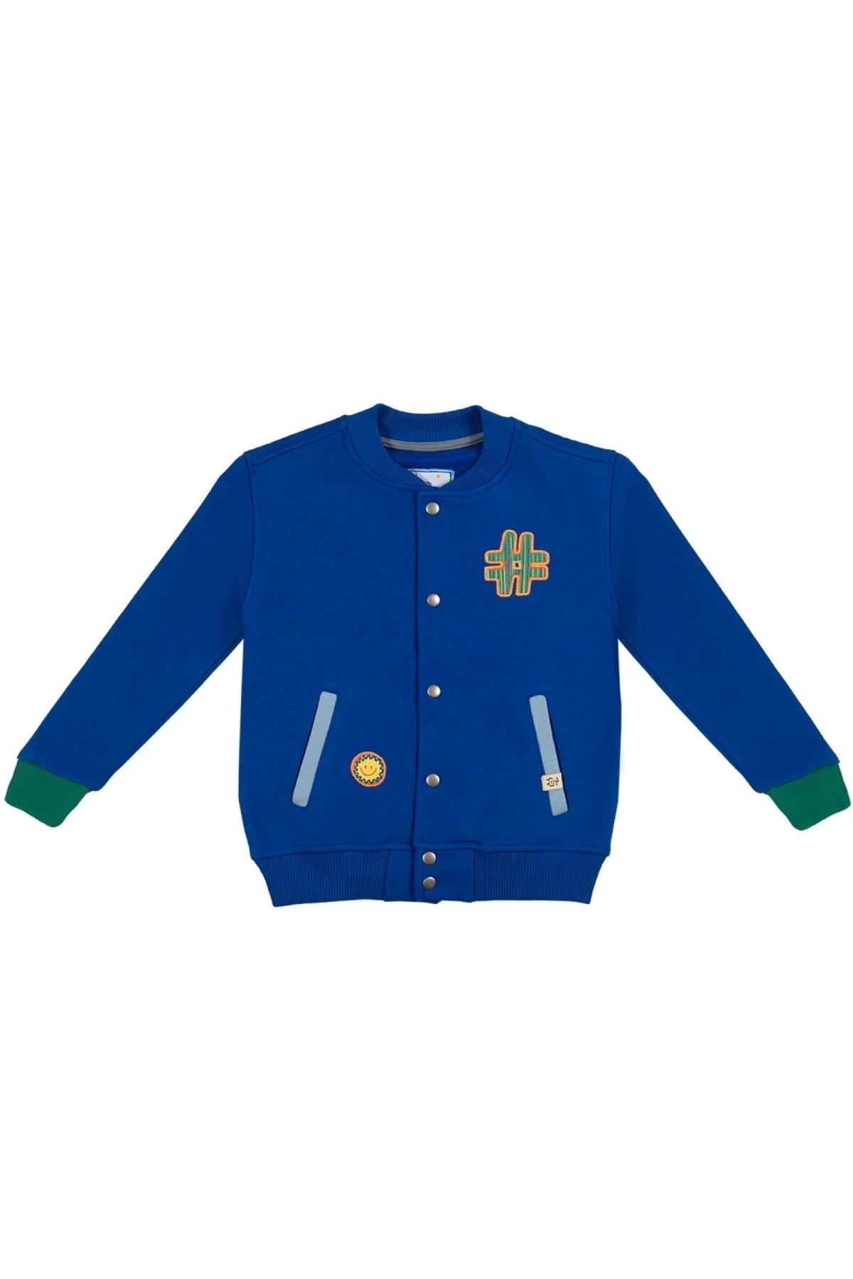 Beetlebeez / Çocuk Saks Mavi Bomber Ceket - Nakış ve Aplike Detaylı - Kontrast Renk Cep ve Manşetli Mavi