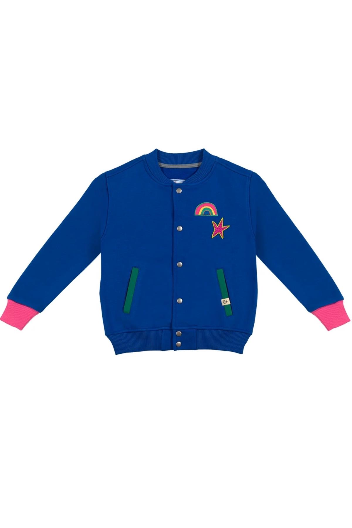 Beetlebeez / Çocuk Saks Mavi Bomber Ceket - Nakış ve Aplike Detaylı - Kontrast Renk Cep ve Manşetli MaviPembe
